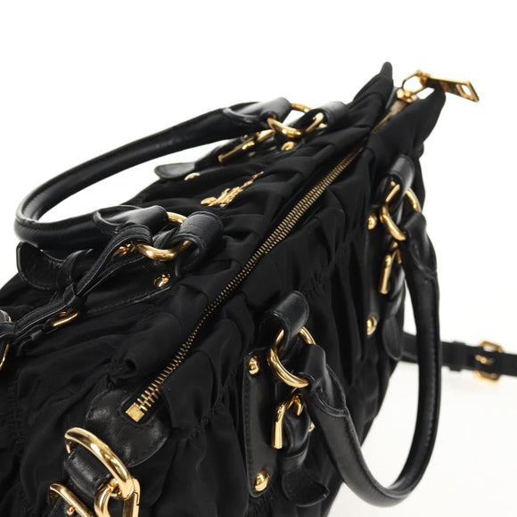 PRADA Gathered Hand Bag Nylon 2way Black Gold Auth am9517V