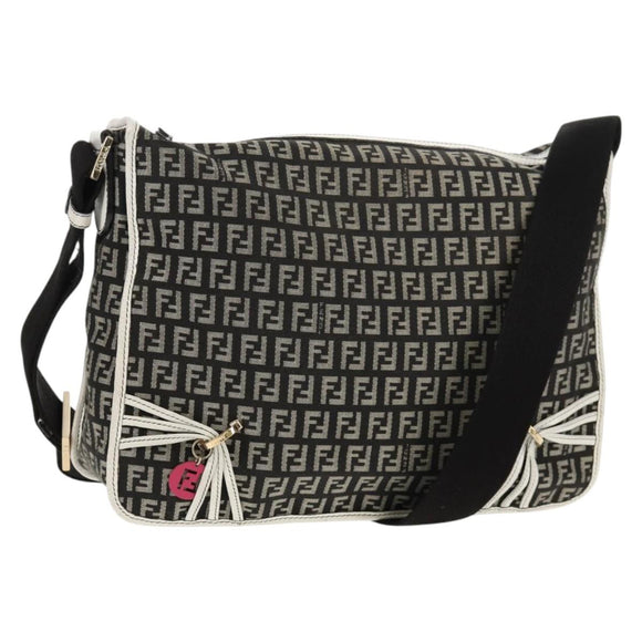 FENDI Zucchino Canvas Shoulder Bag Black Gold Auth am9520V