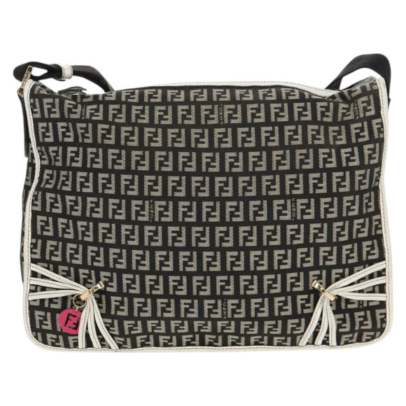 FENDI Zucchino Canvas Shoulder Bag Black Gold Auth am9520V