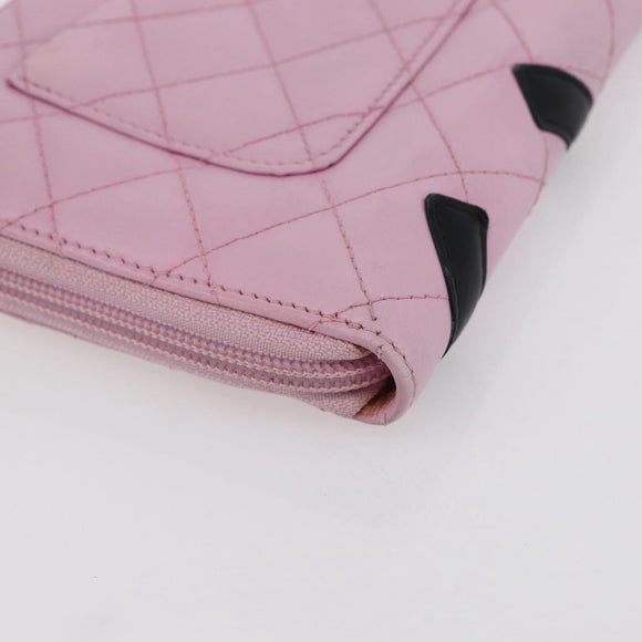 CHANEL Matelasse Cambon Line Long Wallet Leather Pink Silver CC Auth am9532