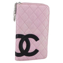 CHANEL Matelasse Cambon Line Long Wallet Leather Pink Silver CC Auth am9532-1