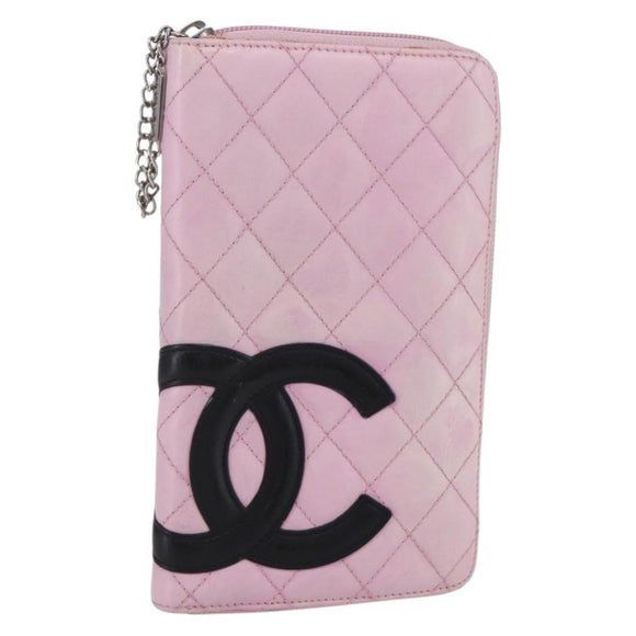 CHANEL Matelasse Cambon Line Long Wallet Leather Pink Silver CC Auth am9532