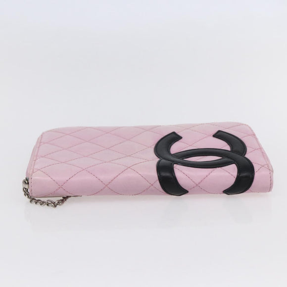 CHANEL Matelasse Cambon Line Long Wallet Leather Pink Silver CC Auth am9532