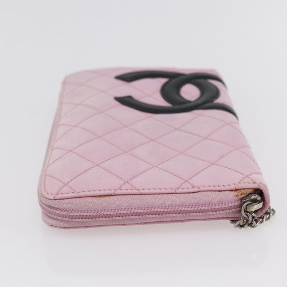 CHANEL Matelasse Cambon Line Long Wallet Leather Pink Silver CC Auth am9532