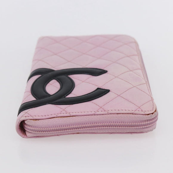 CHANEL Matelasse Cambon Line Long Wallet Leather Pink Silver CC Auth am9532