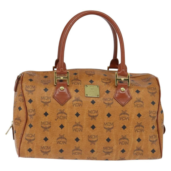 MCM Logogram Vicetos Boston Bag PVC Leather 2way Brown Gold Auth am9555