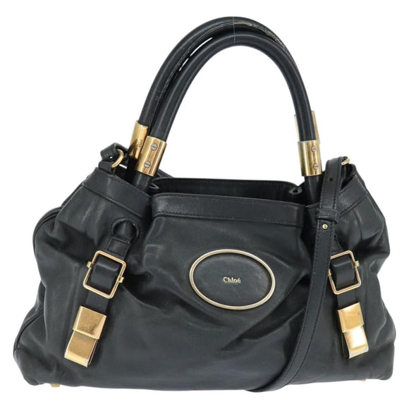 Chloe Victoria Hand Bag Leather 2way Black Gold Auth am9563