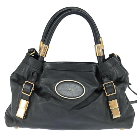 Chloe Victoria Hand Bag Leather 2way Black Gold Auth am9563