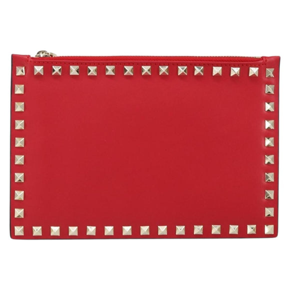 VALENTINO Studs Clutch Bag Leather Pink Gold Auth am9589