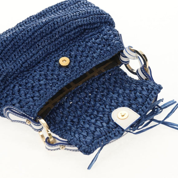 FENDI Hand Bag Straw Blue Gold Auth am9592V