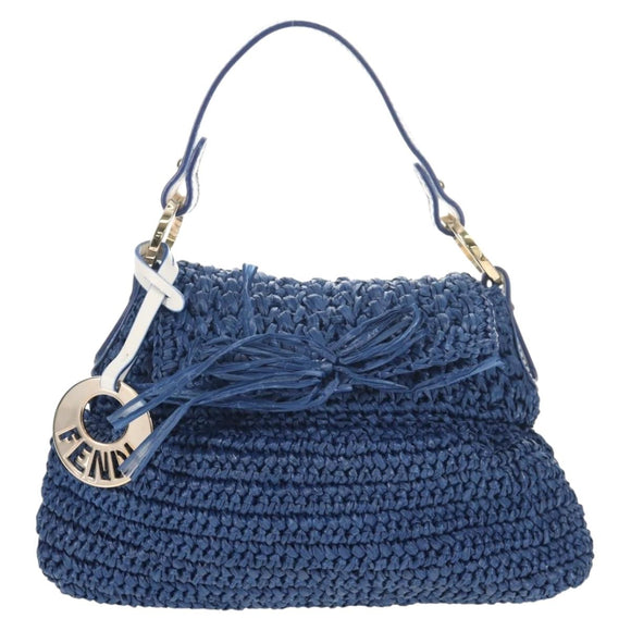 FENDI Hand Bag Straw Blue Gold Auth am9592V