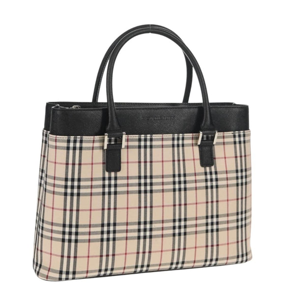 BURBERRY Nova Check Hand Bag Canvas Beige Silver Auth am9603V