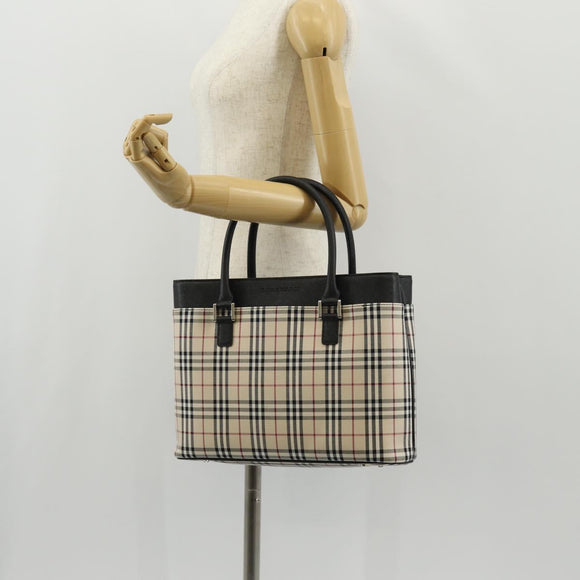 BURBERRY Nova Check Hand Bag Canvas Beige Silver Auth am9603A