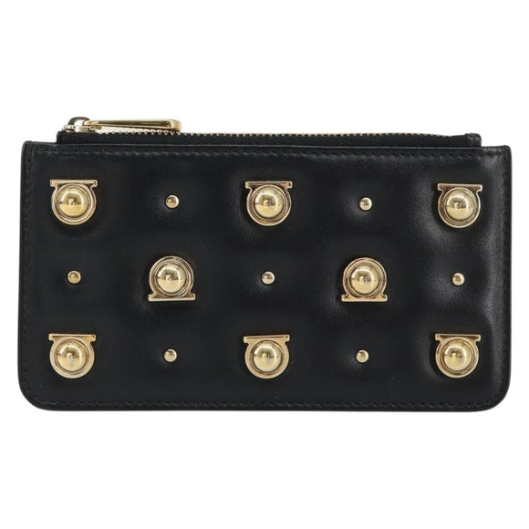 Salvatore Ferragamo Gancini Coin Purse Leather Black Gold Auth am9616