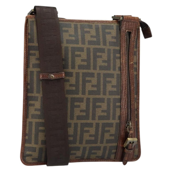 FENDI Zucca Canvas Schoudertas PVC Zwart Bruin Auth am9623