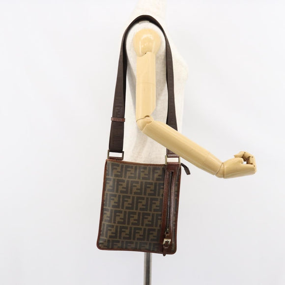 FENDI Zucca Canvas Schoudertas PVC Zwart Bruin Auth am9623
