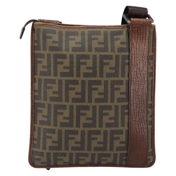FENDI Zucca Canvas Schoudertas PVC Zwart Bruin Auth am9623
