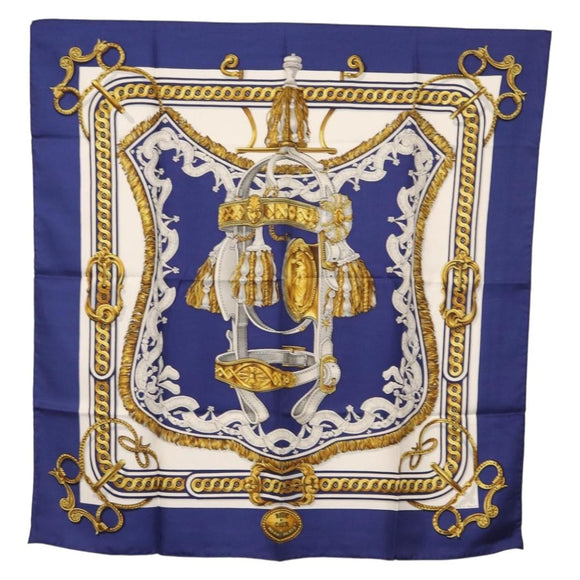 HERMES Carre 90 Scarf Silk ”BRIDE DE COUR” Blue Auth am9664