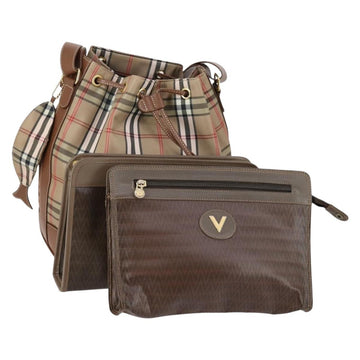 VALENTINO Clutch Bag PVC 3 Set Brown Beige Auth am9678