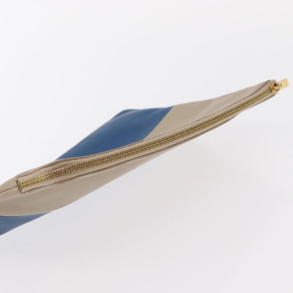 CELINE Pouch Leather Beige Blue gold Auth am9683