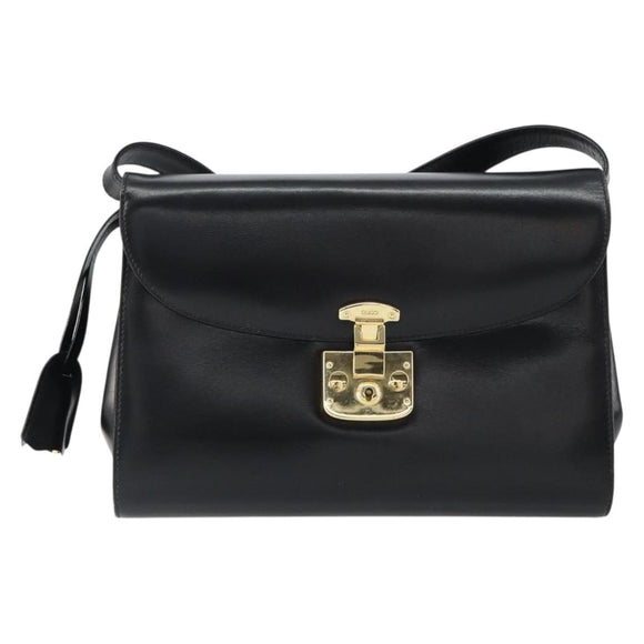 GUCCI Shoulder Bag Leather Black Gold Auth am9688