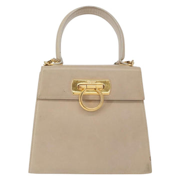 Salvatore Ferragamo Gancini Hand Bag Leather 2way Beige Silver Auth am9702 - 0
