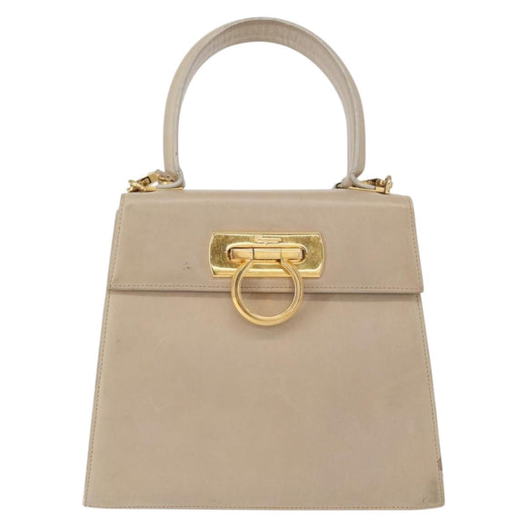 Salvatore Ferragamo Gancini Hand Bag Leather 2way Beige Silver Auth am9702