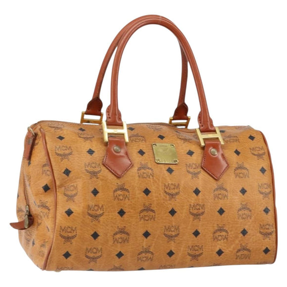 MCM Logogram Vicetos Boston Bag PVC Leder Braun Gold Auth am9704