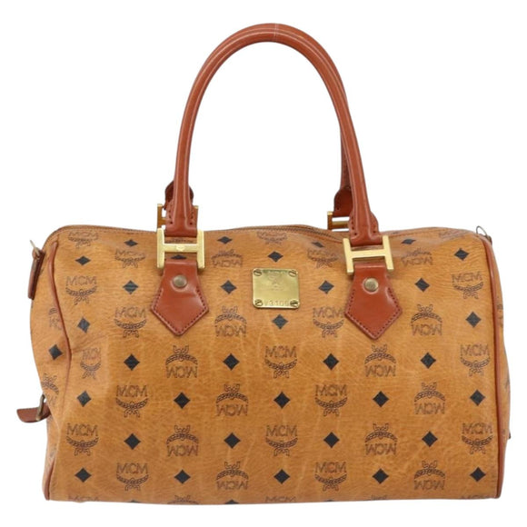 MCM Logogram Vicetos Boston Bag PVC Leder Braun Gold Auth am9704