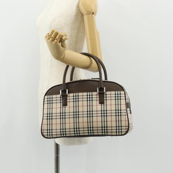 BURBERRY Nova Check Boston Bag Canvas Beige Silver Auth am9746A