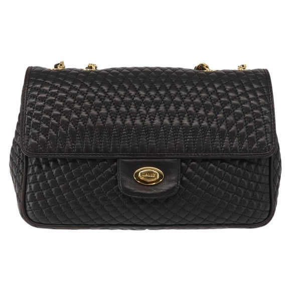 BALLY Chain Shoulder Bag Leather Black Gold Auth am9754