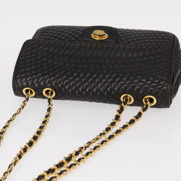 BALLY Chain Shoulder Bag Leather Black Gold Auth am9754