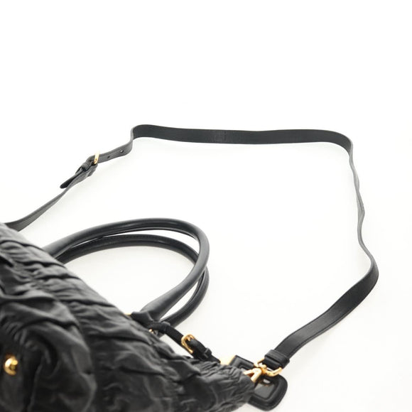 PRADA Tote Bag Leather 2way Black Gold Auth am9760V