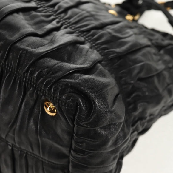 PRADA Tote Bag Leather 2way Black Gold Auth am9760V