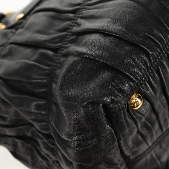 PRADA Tote Bag Leather 2way Black Gold Auth am9760V