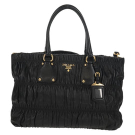 PRADA Tote Bag Leather 2way Black Gold Auth am9760V - 0