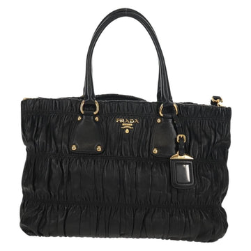 PRADA Tote Bag Leather 2way Black Gold Auth am9760V - 0