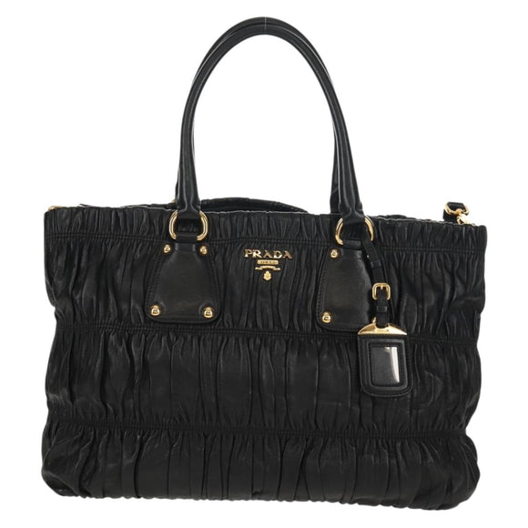 PRADA Tote Bag Leather 2way Black Gold Auth am9760V