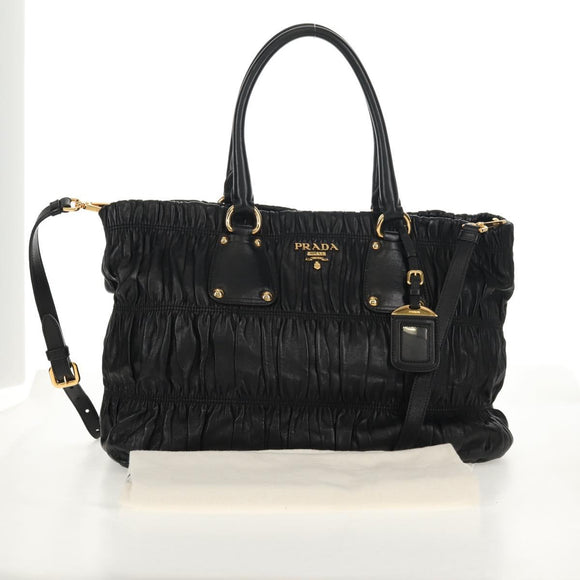PRADA Tote Bag Leather 2way Black Gold Auth am9760V