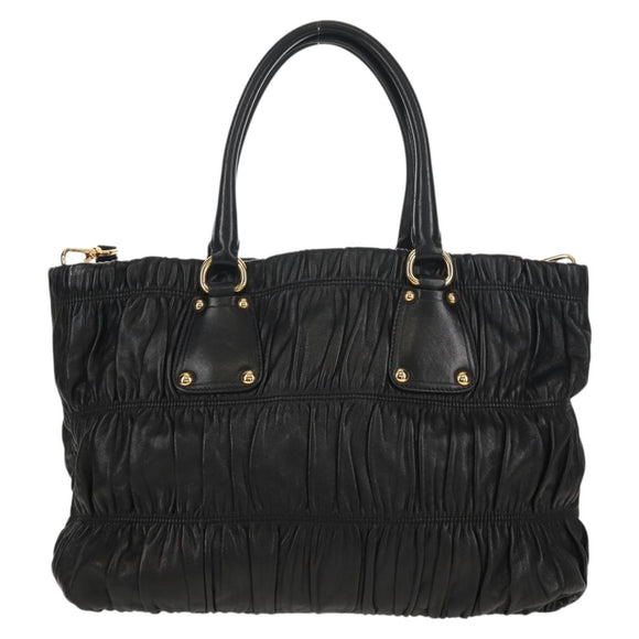 PRADA Tote Bag Leather 2way Black Gold Auth am9760V