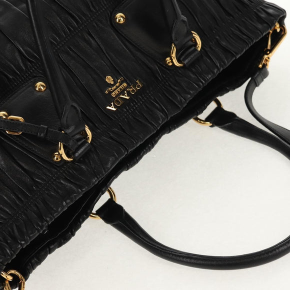 PRADA Tote Bag Leather 2way Black Gold Auth am9760V