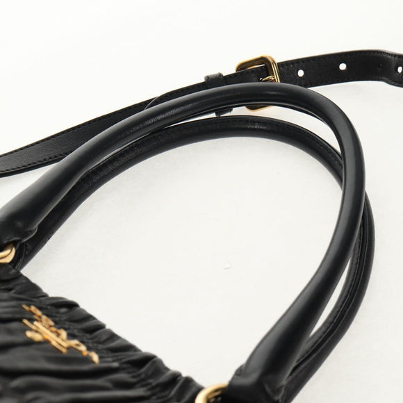 PRADA Tote Bag Leather 2way Black Gold Auth am9760V