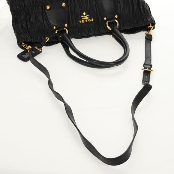 PRADA Tote Bag Leather 2way Black Gold Auth am9760V