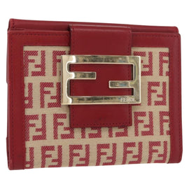 FENDI Zucchino Canvas Compact Wallet Red Gold Auth am9786