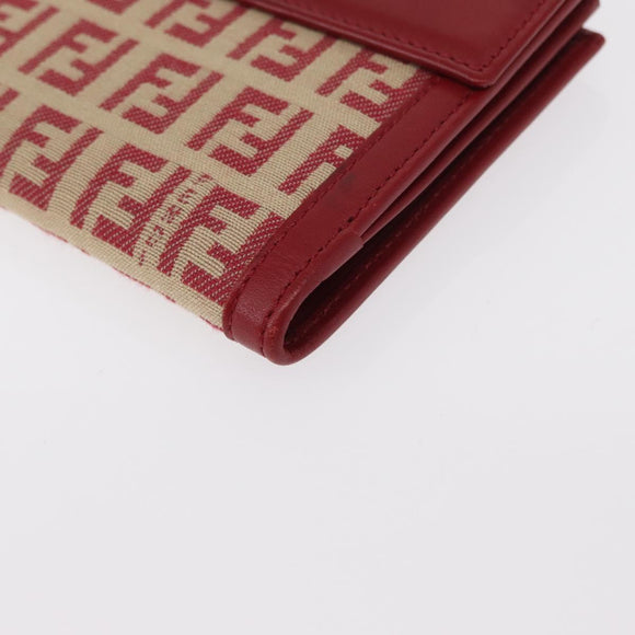 FENDI Zucchino Canvas Compact Wallet Red Gold Auth am9786