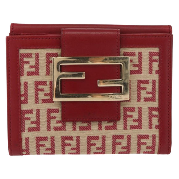 FENDI Zucchino Canvas Compact Wallet Red Gold Auth am9786