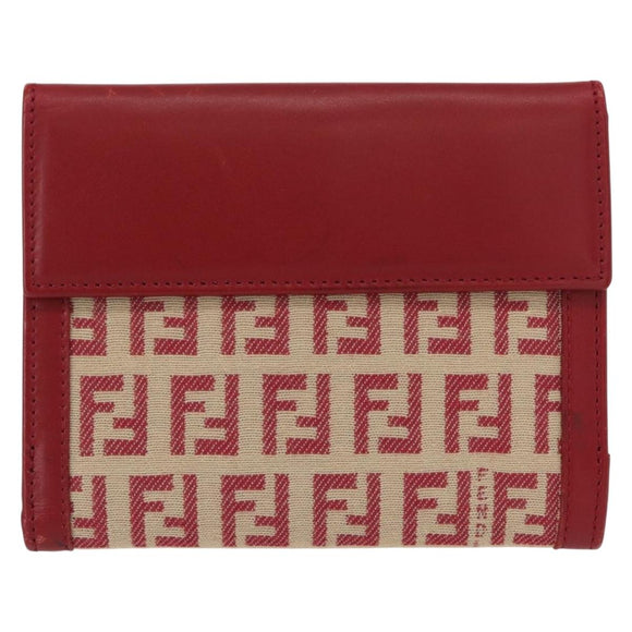 FENDI Zucchino Canvas Compact Wallet Red Gold Auth am9786