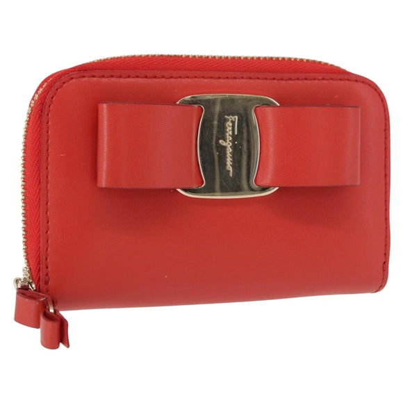 Salvatore Ferragamo Vala Compact Wallet Leather Red Gold Auth am9789