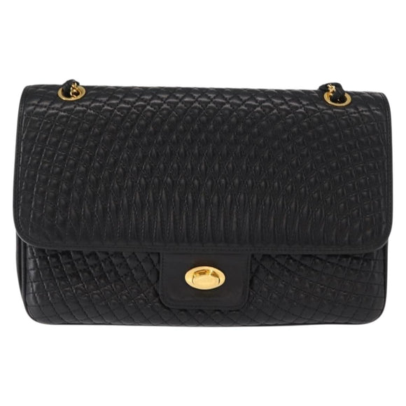 BALLY Chain Shoulder Bag Leather Black Gold Auth am9804