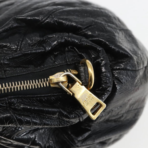 PRADA Hand Bag Enamel Black Gold Auth am9823